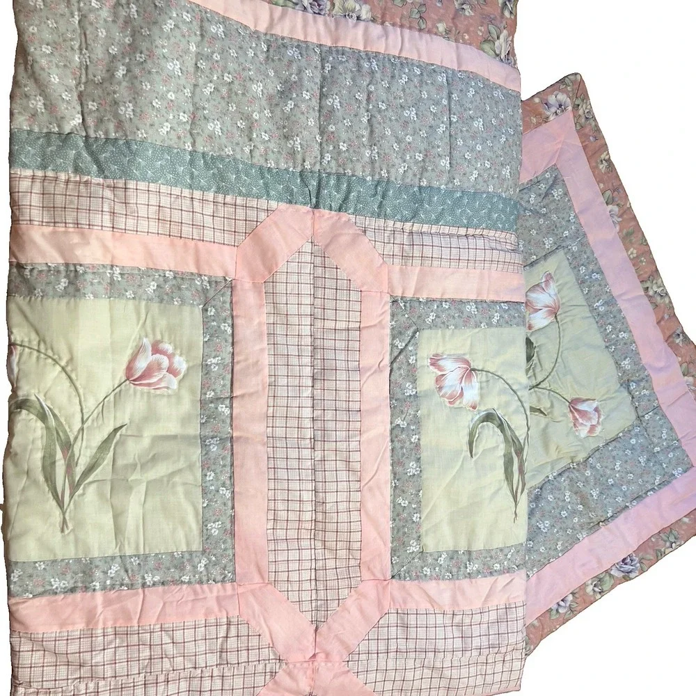 Vintage Sunham Queen Comforter Shams Tulip Floral Patchwork Sage Pink Cottage